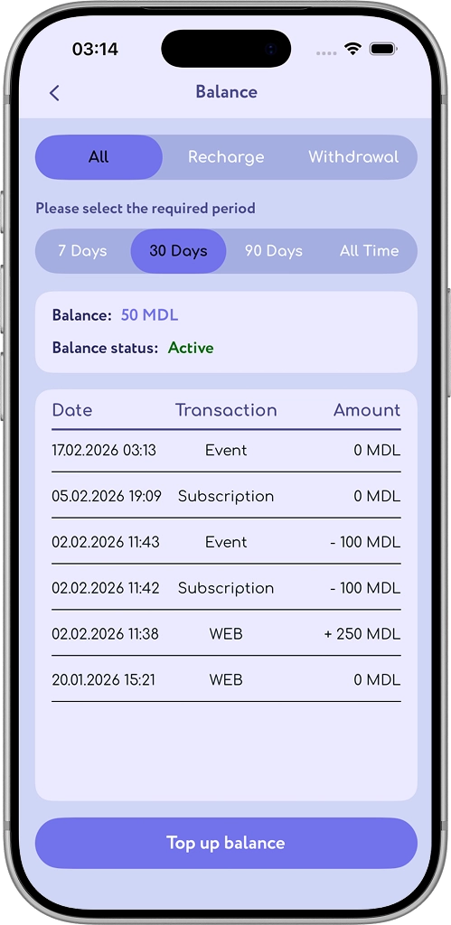 Balance and payment history in the JustDoFit app